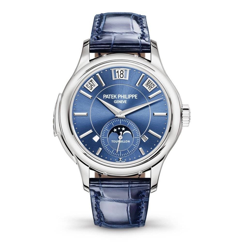 Patek Philippe Grand Complications Tourbillon Perpetual Calendar 41mm Watch - Ref: 5207G-001 - Blue Moon-Phase Dial in 18K White Gold Shiny Navy Blue Alligator Strap