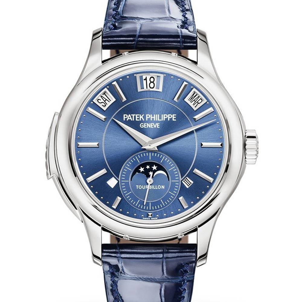 Patek Philippe Grand Complications Tourbillon Perpetual Calendar 41mm Watch - Ref: 5207G-001 - Blue Moon-Phase Dial in 18K White Gold Shiny Navy Blue Alligator Strap