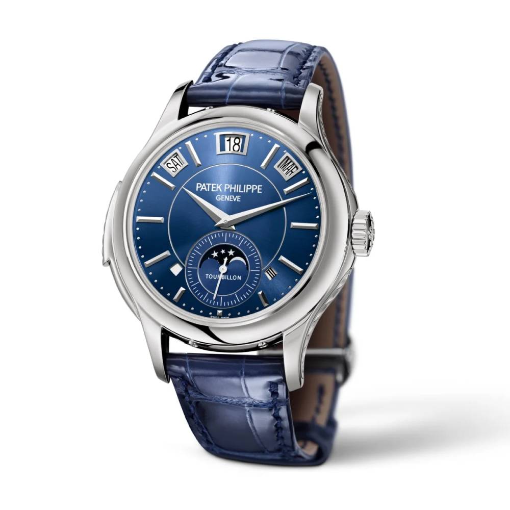 Patek Philippe Grand Complications Tourbillon Perpetual Calendar 41mm Watch - Ref: 5207G-001 - Blue Moon-Phase Dial in 18K White Gold Shiny Navy Blue Alligator Strap