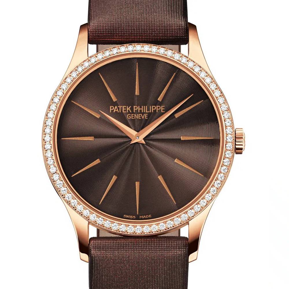 Patek Philippe Ladies Calatrava 33mm Women's Watch - Ref: 4897R-001 - Chocolate Brown Dial & Diamond Bezel in 18K Rose Gold Chocolate Brown Satin Strap