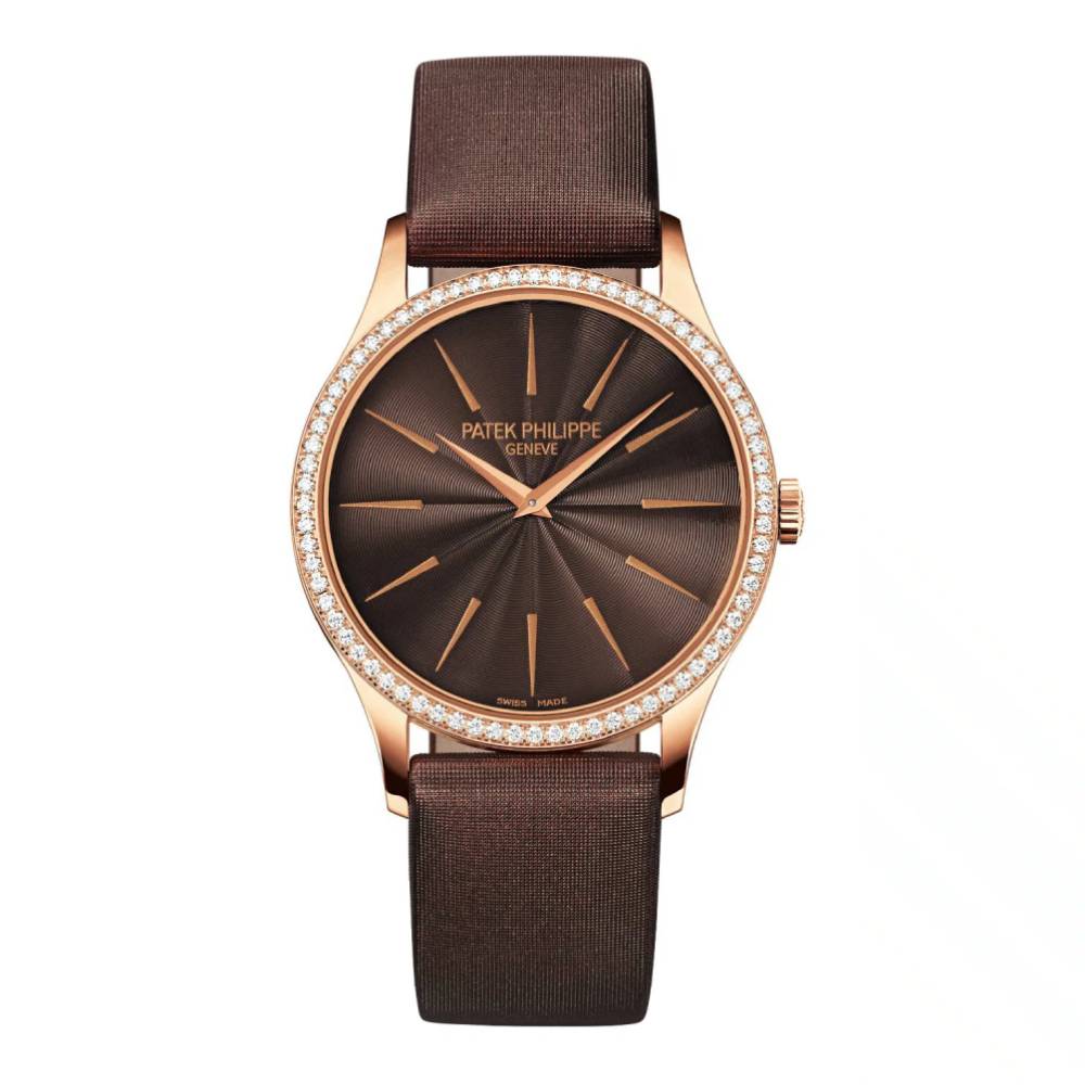 Patek Philippe Ladies Calatrava 33mm Women's Watch - Ref: 4897R-001 - Chocolate Brown Dial & Diamond Bezel in 18K Rose Gold Chocolate Brown Satin Strap