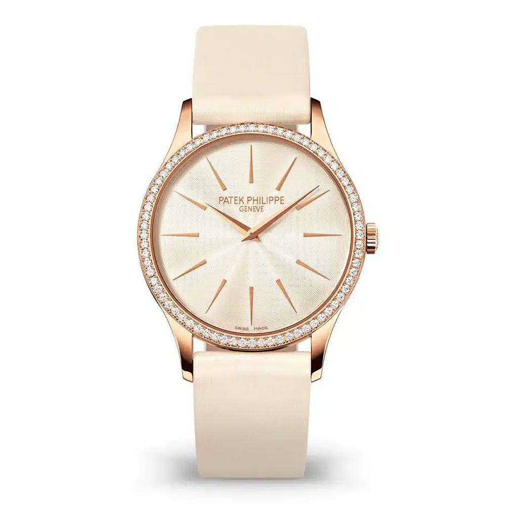 Patek Philippe Ladies Calatrava 33mm Women's Watch - Ref: 4897R-010 - Cream Dial & Diamond Bezel in 18K Rose Gold Pearly White Brushed Satin Strap