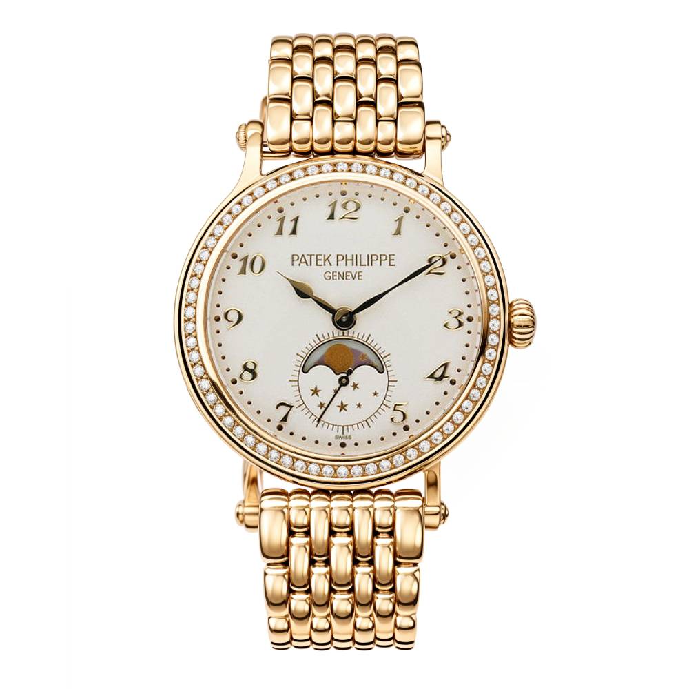 Patek Philippe Complications Ladies 33mm Women's Watch - Ref: 7121/1J-001 - Silver White Moon-Phase Dial & Diamond Bezel, 18K Yellow Gold Bracelet