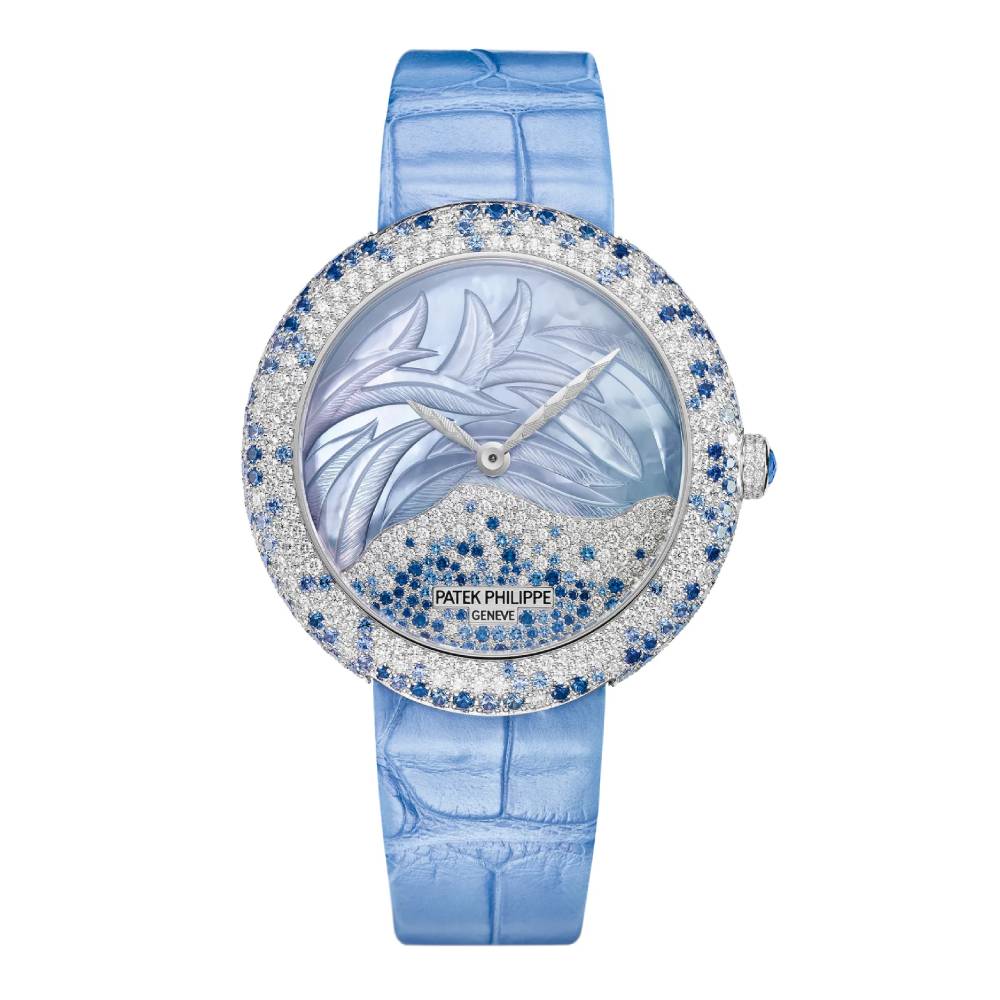 Patek Philippe Ladies Calatrava 35.8mm Women's Watch - Ref: 4899-901G-001 - White Mother of Pearl Diamond & Sapphire Dial & Bezel in 18K White Gold Blue Alligator Strap