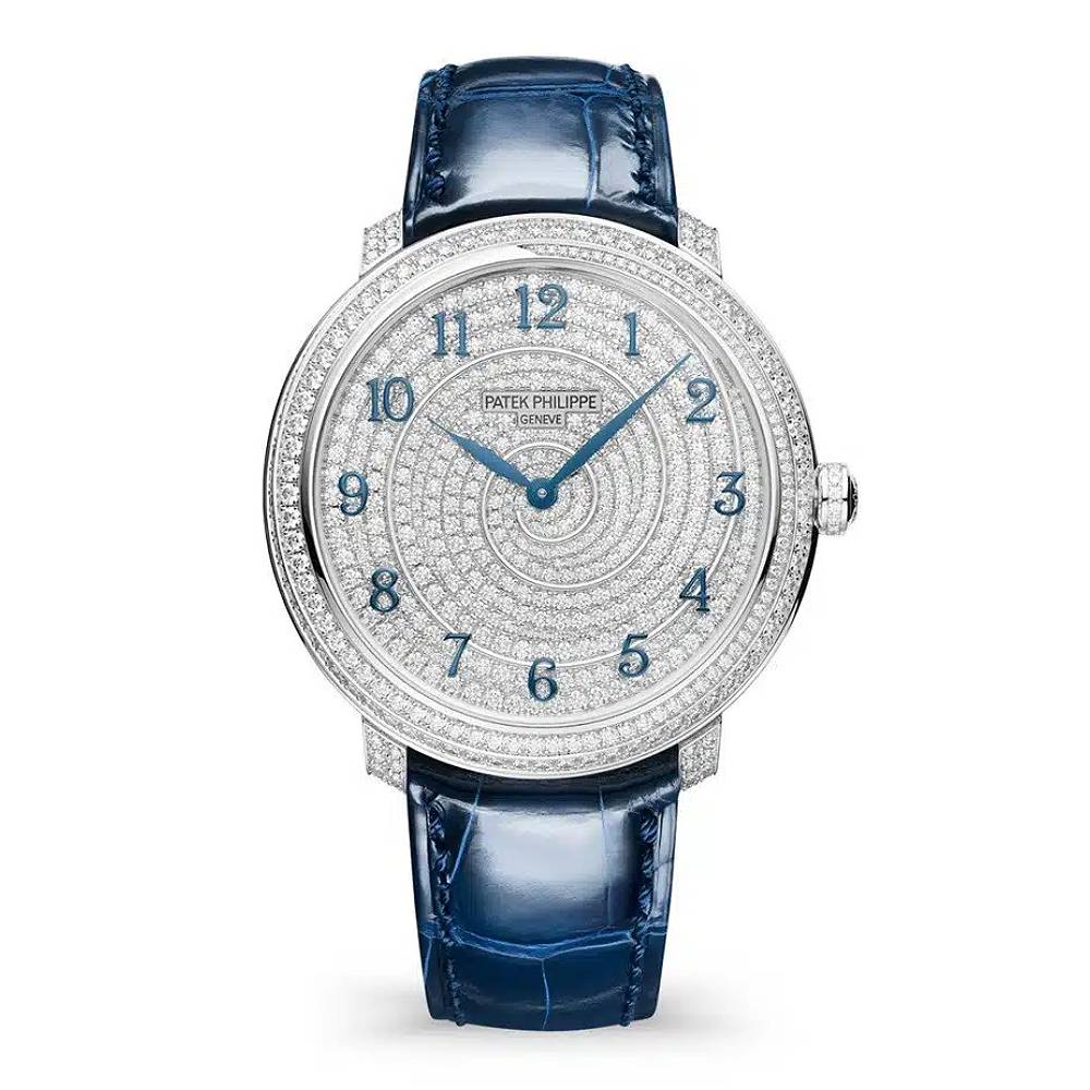 Patek Philippe Ladies Calatrava 36.5mm Women's Watch - Ref: 4978-400G-001 - Pave Diamond Dial, Bezel & Case in 18K White Gold Blue Alligator Strap