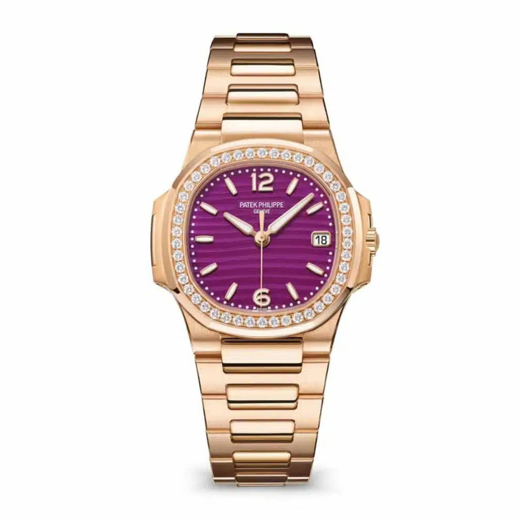 Patek Philippe Nautilus 32mm | 18k Rose gold bracelet | Lacquered Purple dial Diamond bezel | Ladies Watch 7010-1R-013