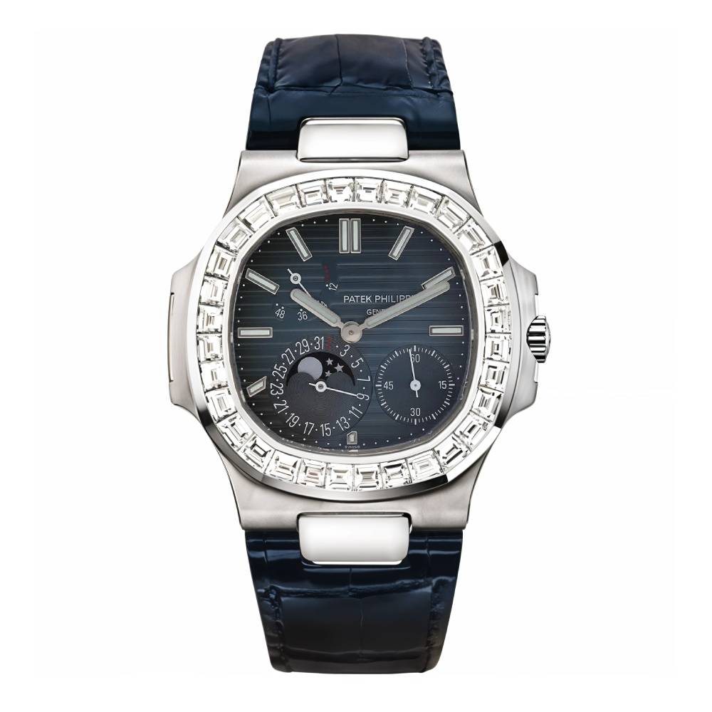 Patek Philippe Nautilus 40mm Watch - Ref: 5722G-001 - Blue Moon-Phase Dial & Diamond Bezel in Blue Alligator Strap