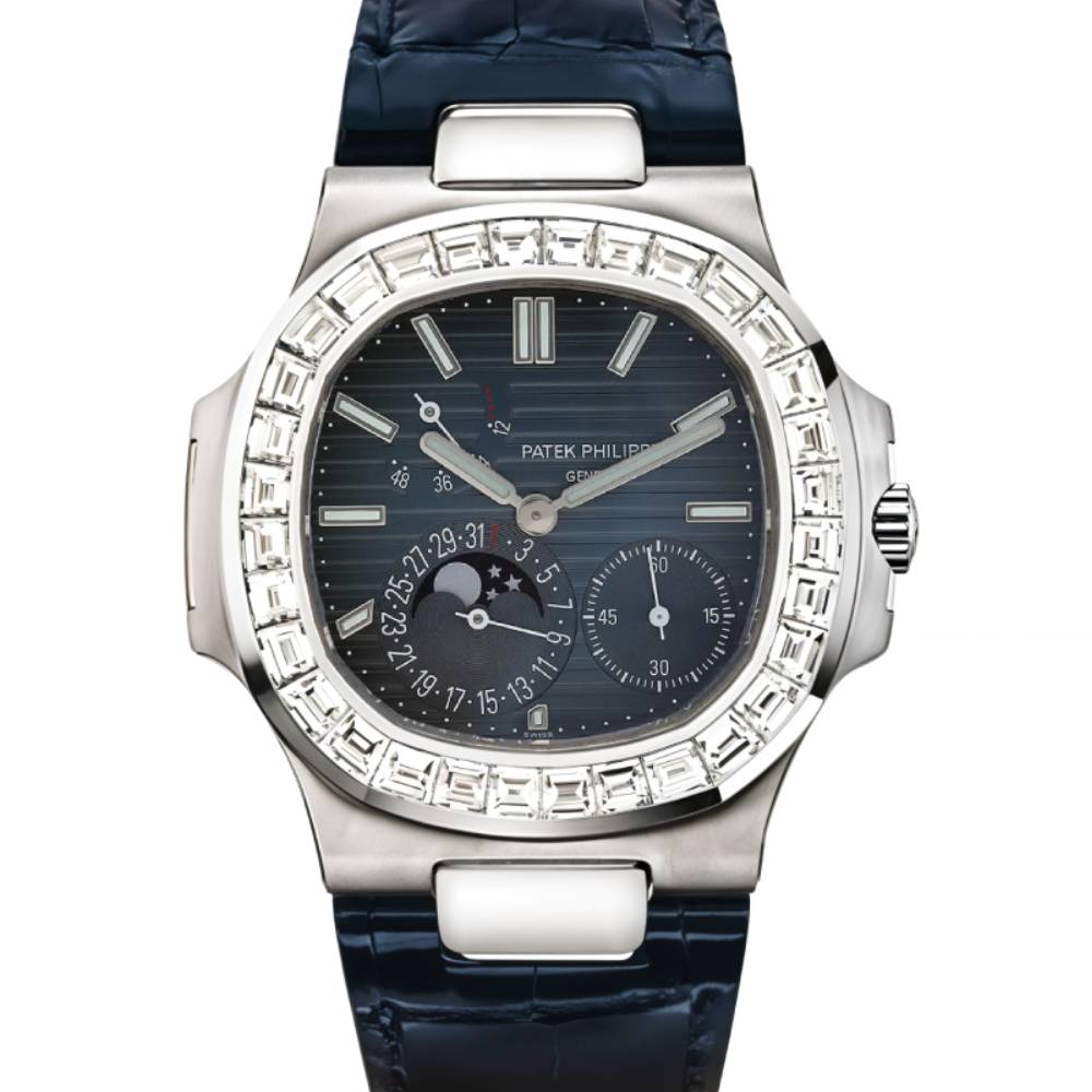 Patek Philippe Nautilus 40mm Watch - Ref: 5722G-001 - Blue Moon-Phase Dial & Diamond Bezel in Blue Alligator Strap