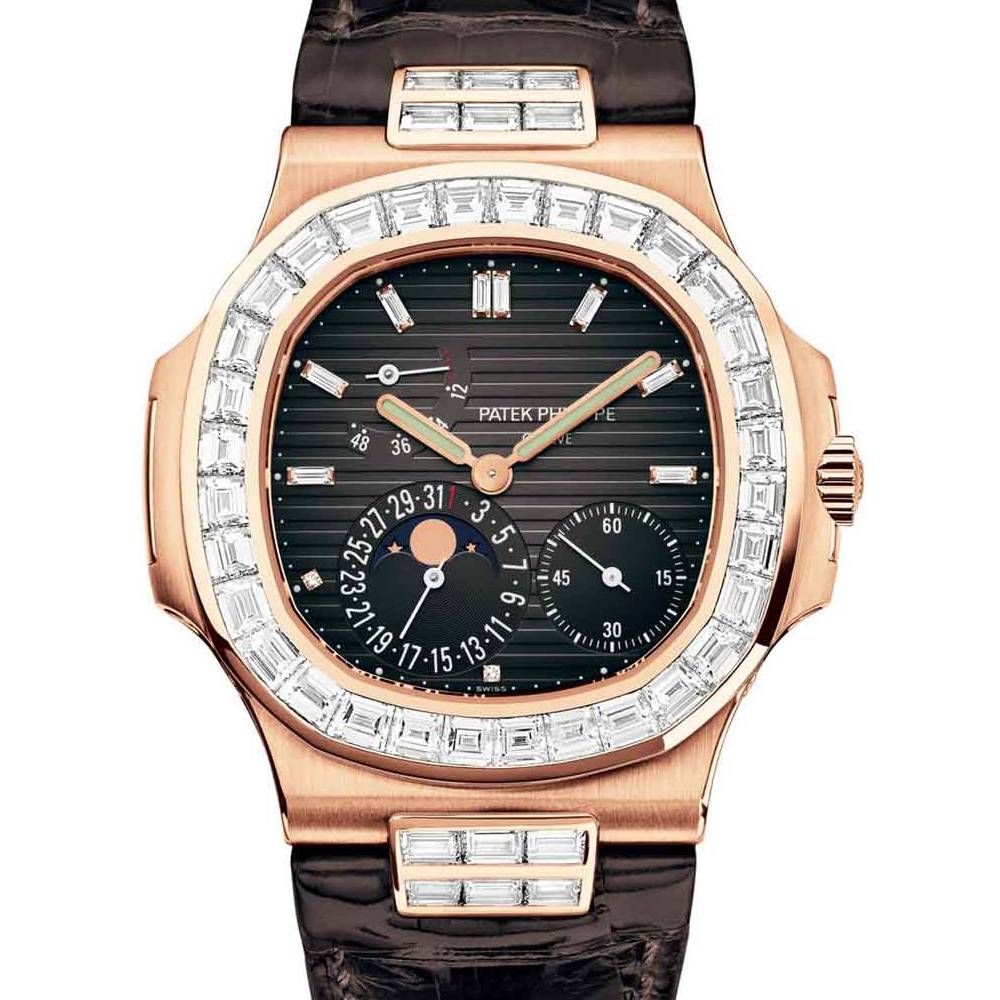 Patek Philippe Nautilus 40mm Watch - Ref: 5724R-001 - Black Moon-Phase Dial, Diamond Bezel & Attachment in 18K Rose Gold Brown Leather Strap