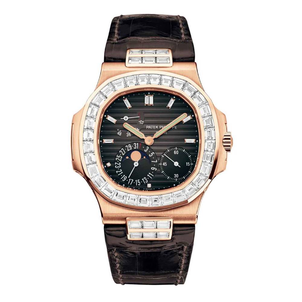 Patek Philippe Nautilus 40mm Watch - Ref: 5724R-001 - Black Moon-Phase Dial, Diamond Bezel & Attachment in 18K Rose Gold Brown Leather Strap