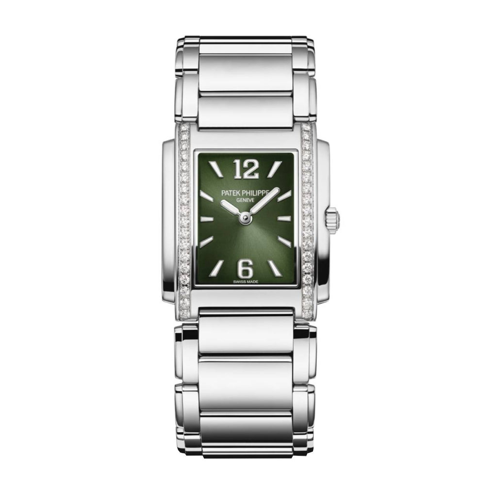 2024 RELEASE Patek Philippe Twenty~4 25.1x30 mm | Stainless Steel bracelet | Olive Green Sunburst dial Diamond bezel | Ladies Watch 4910-1200A-011