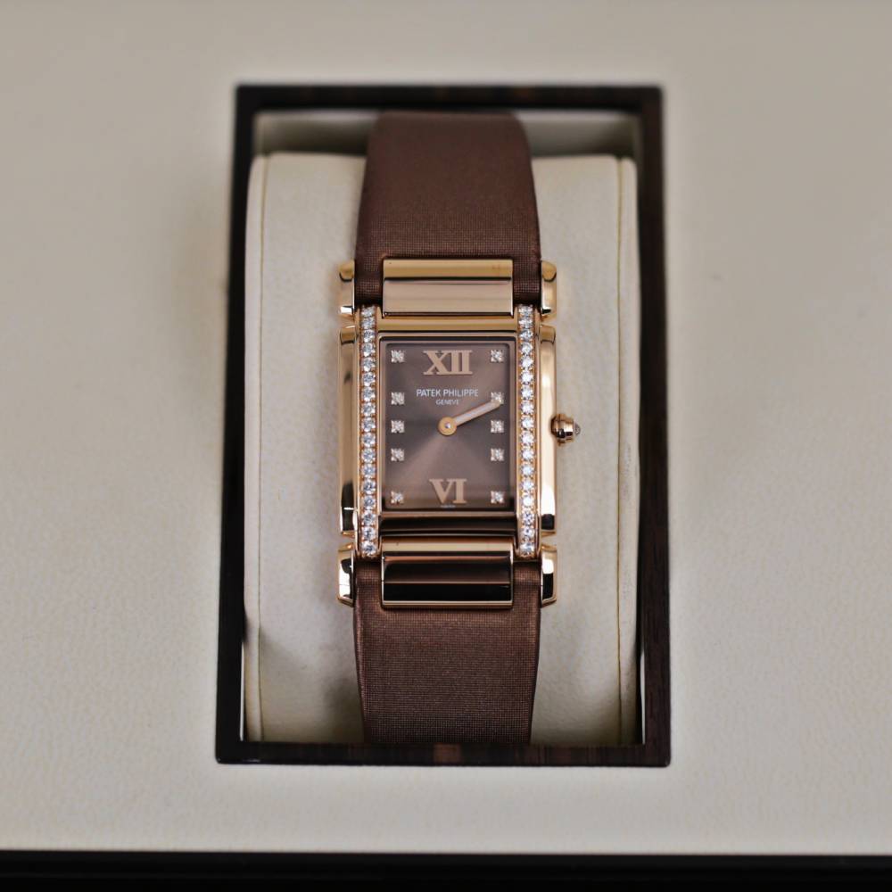 Patek Philippe Twenty 4 - 30mm Women's Watch - Ref: 4920R-001 - Chocolate Brown Dial, Diamond Case in 18K Rose Gold Chocolate Brown Satin Strap