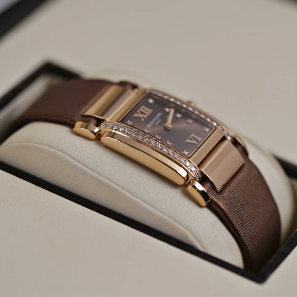 Patek Philippe Twenty 4 - 30mm Women's Watch - Ref: 4920R-001 - Chocolate Brown Dial, Diamond Case in 18K Rose Gold Chocolate Brown Satin Strap