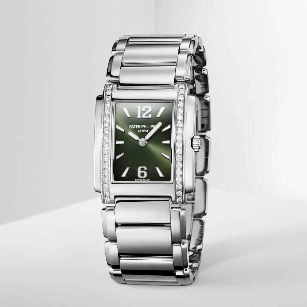Patek Philippe Twenty 4 - 30mm Women's Watch - Ref: 4910/1200A-011 - Olive Green Dial, Diamond Case in Stainless Steel Bracelet