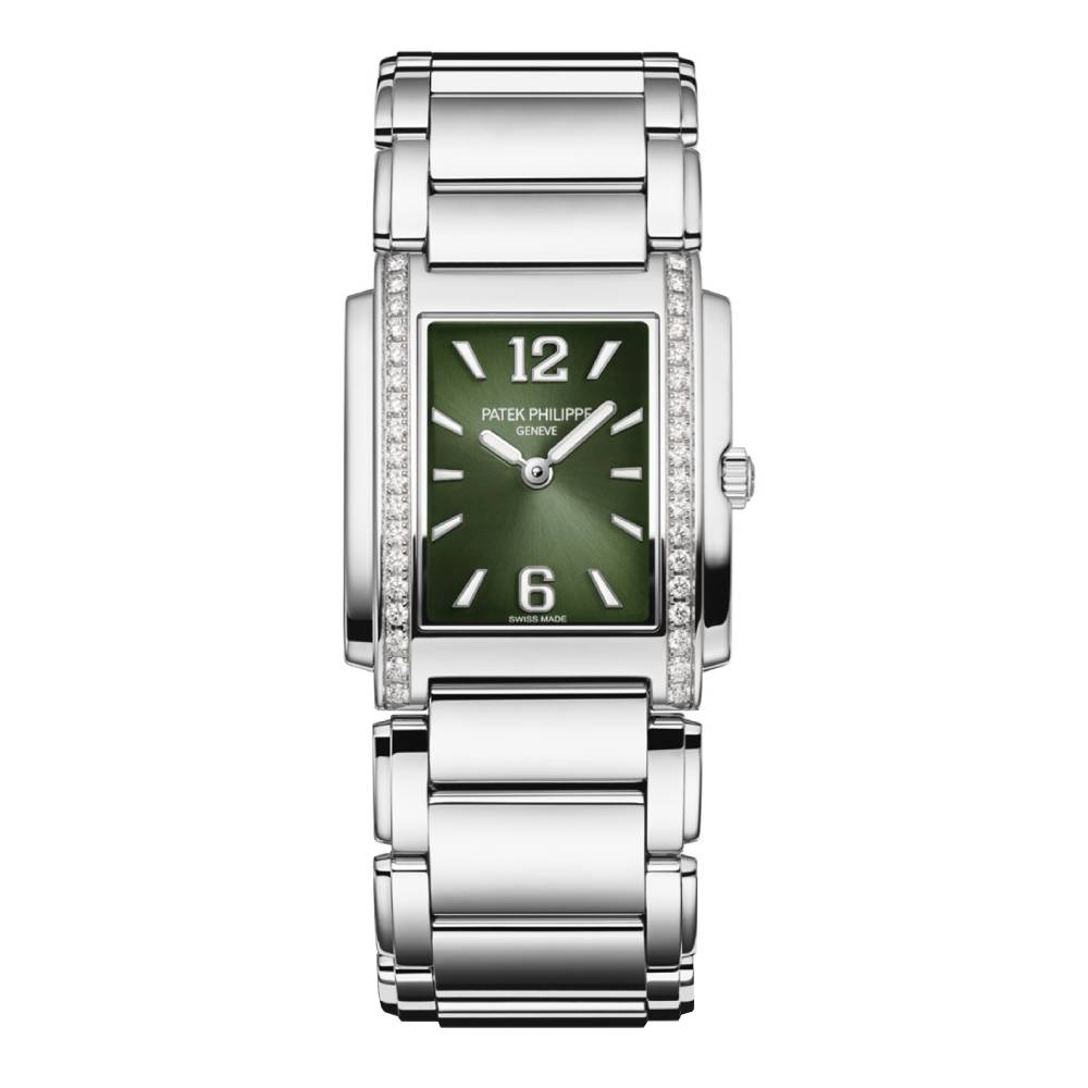 Patek Philippe Twenty 4 - 30mm Women's Watch - Ref: 4910/1200A-011 - Olive Green Dial, Diamond Case in Stainless Steel Bracelet