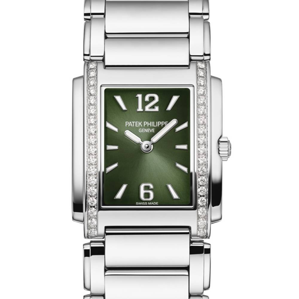 Patek Philippe Twenty 4 - 30mm Women's Watch - Ref: 4910/1200A-011 - Olive Green Dial, Diamond Case in Stainless Steel Bracelet