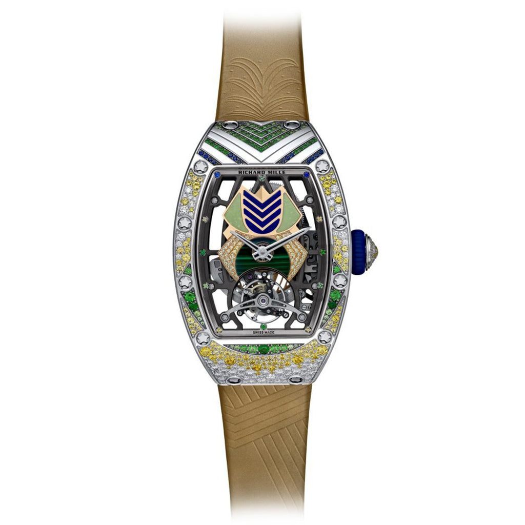 Richard Mille Automatic Tourbillon Talisman 52.20mm | Brown Rubber Strap bracelet | Skeletonized dial Diamonds bezel | 18k White gold Case Men's Watch RM 71-02