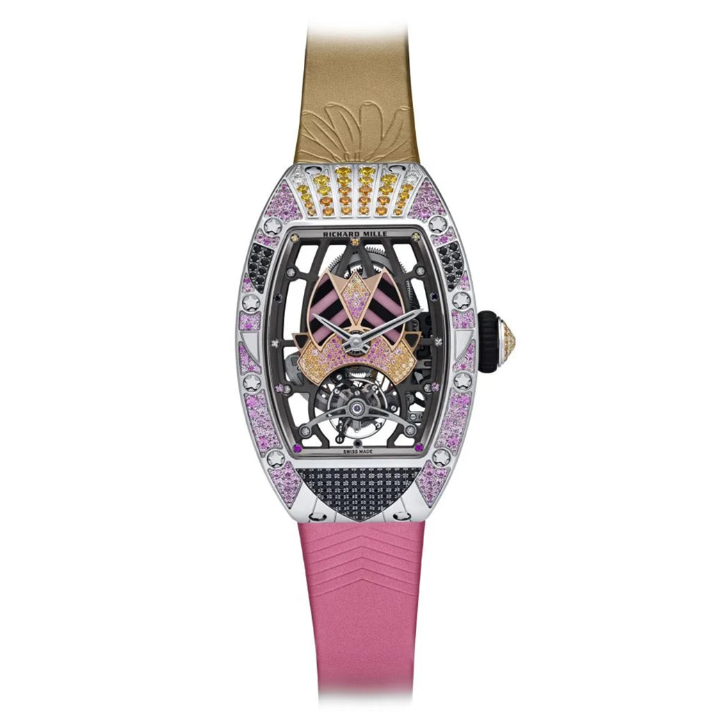 Richard Mille Automatic Tourbillon Talisman 52.20mm | Pink/Brown Rubber Strap bracelet | Skeletonized dial Diamonds bezel | 18k White gold Case Men's Watch RM 71-02