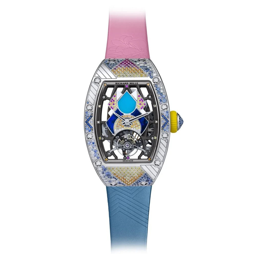 Richard Mille Automatic Tourbillon Talisman 52.20mm | Pink/Blue Rubber Strap bracelet | Skeletonized dial Diamonds bezel | 18k White gold Case Men's Watch RM 71-02