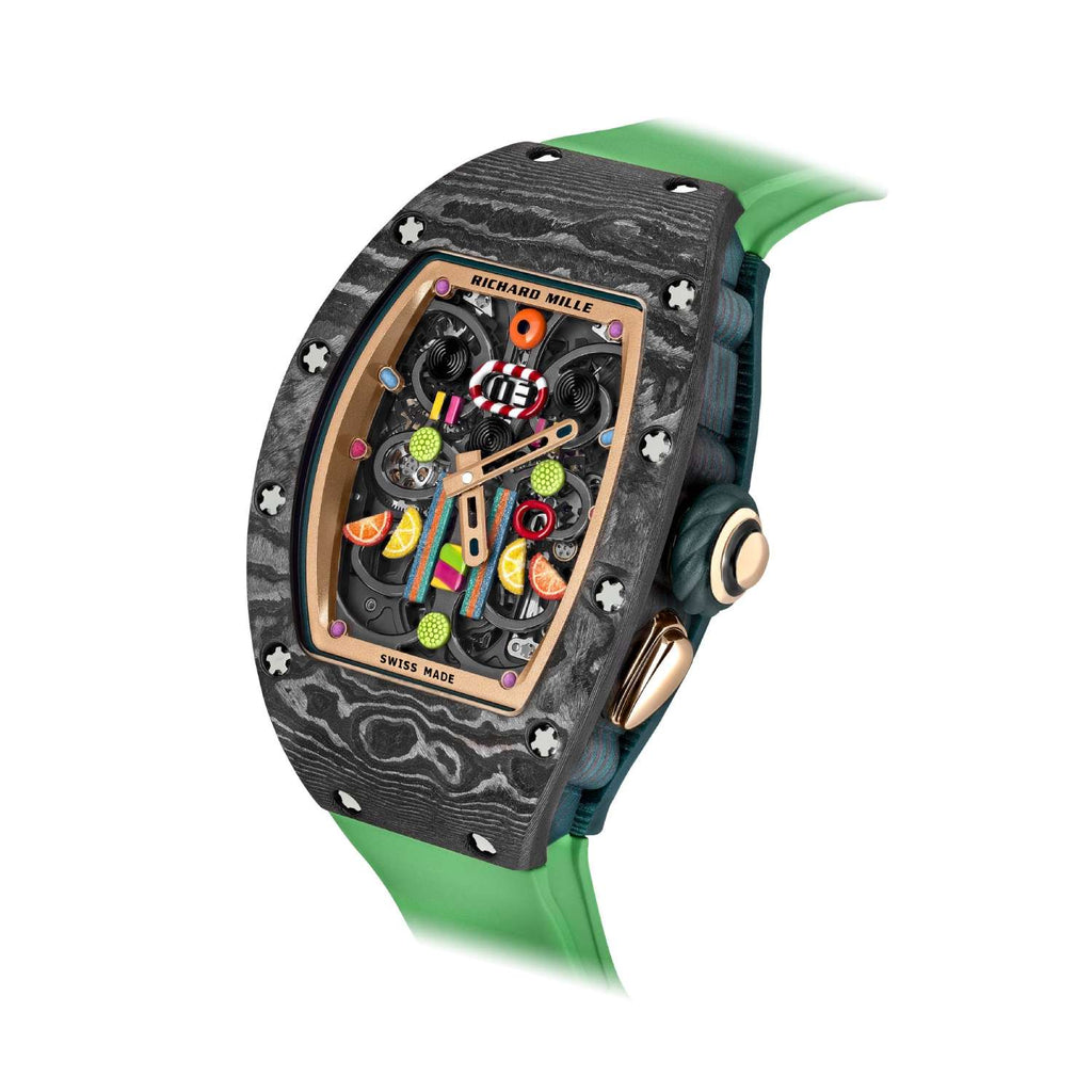Richard Mille Kiwi Bonbon Collection 52.65 mm | Green Rubber Strap bracelet | Grade 5 Titanium dial Carbon TPT bezel | Carbon TPT and green Quartz TPT Case Unisex Watch RM 37-01