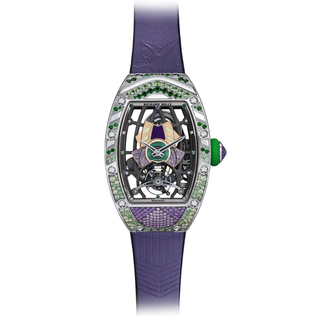 Richard Mille Automatic Tourbillon Talisman 52.20mm | Purple Rubber Strap bracelet | Skeletonized dial Diamonds bezel | 18k White gold Case Men's Watch RM 71-02