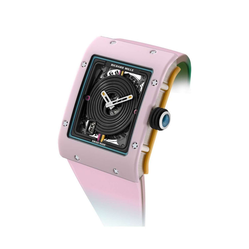 Richard Mille Réglisse Bonbon Collection 50.2 mm | Pink Rubber Strap bracelet | Artistic/Black dial Ceramic bezel | Ceramic and 18k white gold Case Men's Watch RM 16-01