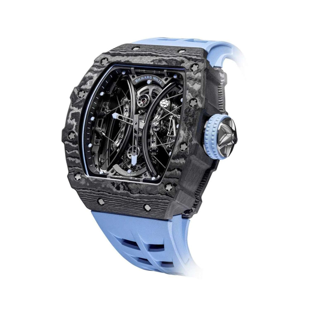 Richard Mille Tourbillon Pablo Mac Donough 49.94 mm | Blue Rubber Strap bracelet | Skeletonized dial Carbon bezel | Carbon Case Unisex Watch RM 53-01