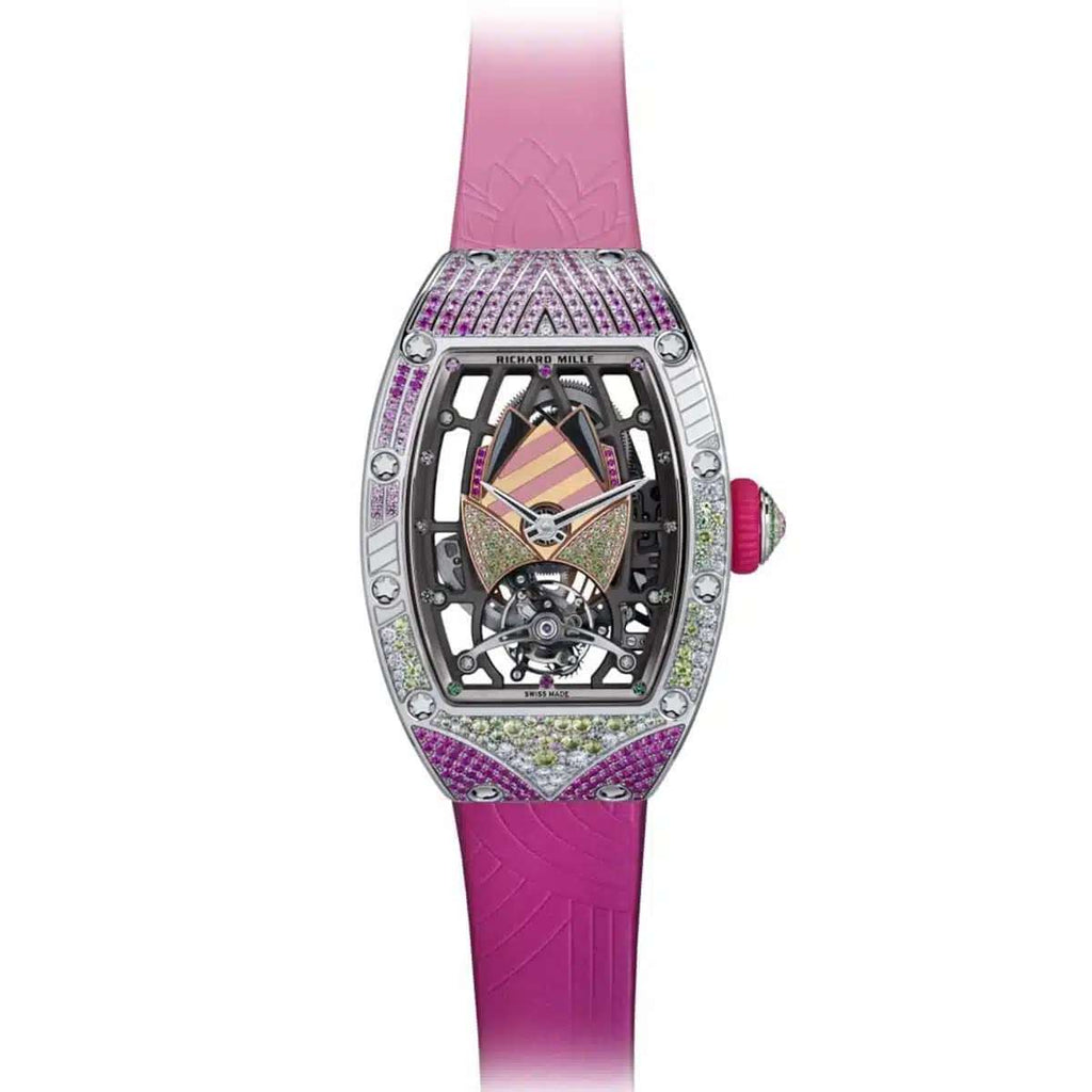 Richard Mille Automatic Tourbillon Talisman 52.20mm | Pink Rubber Strap bracelet | Skeletonized dial Diamonds bezel | 18k White gold Case Men's Watch RM 71-02