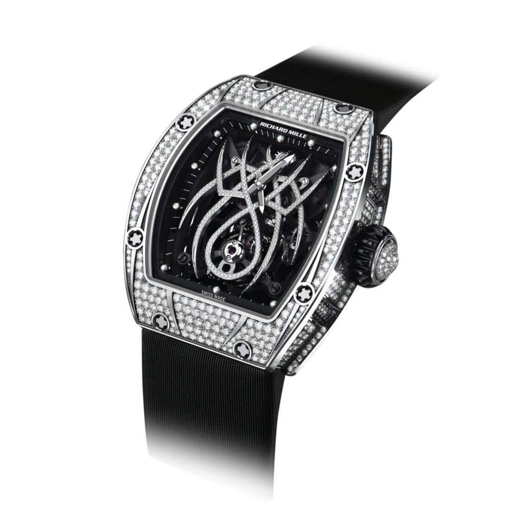 Richard Mille Tourbillon Spider 30.20 mm | Black Strap bracelet | Skeletonized dial 18k White gold Diamond bezel | 18k White gold Case Unisex Watch RM 19-01