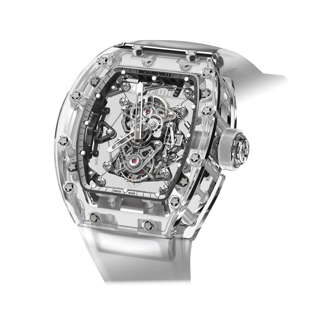 Richard Mille Tourbillon Sapphire 42.70 mm | White Rubber Strap bracelet | Skeletonized dial | Sapphire Case Men's Watch RM 56-02