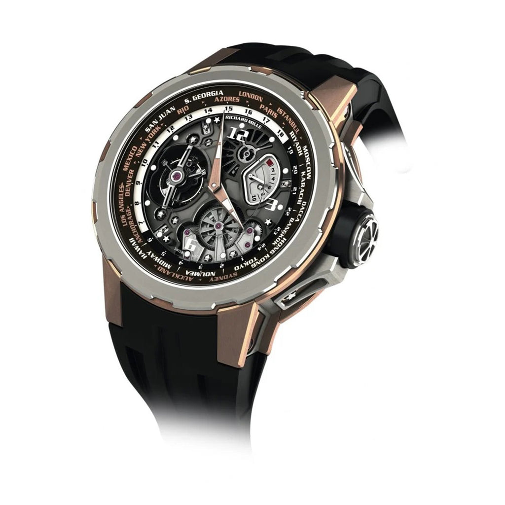 Richard Mille Tourbillon Worldtimer 50 mm | Black Rubber Strap bracelet | Skeletonized dial | 18k Red gold and titanium Case Men's Watch RM 58-01