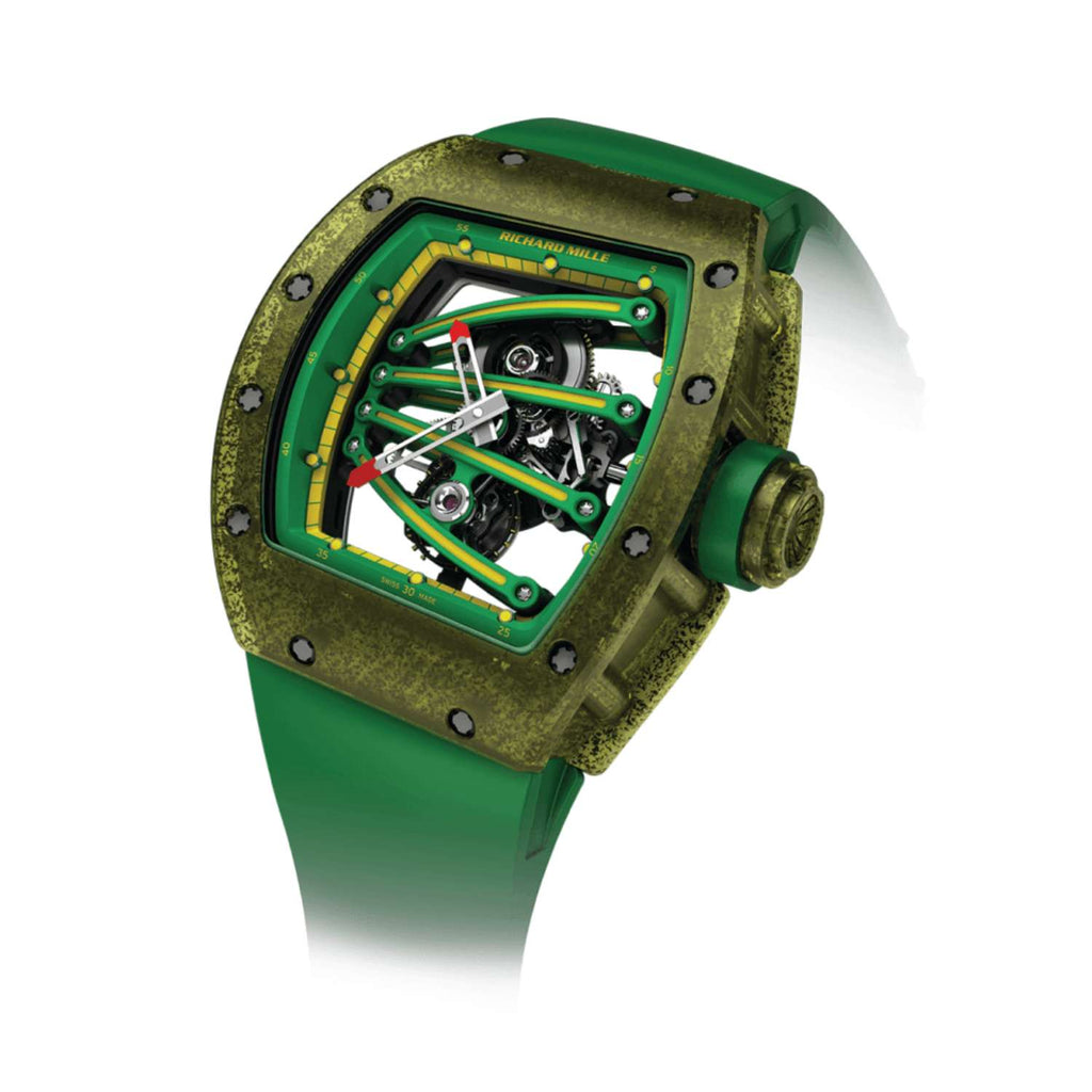 Richard Mille Tourbillon Yohan Blake 50.24 mm | Green Rubber Strap bracelet | Skeletonized dial Carbon bezel | Carbon Case Men's Watch RM 59-01