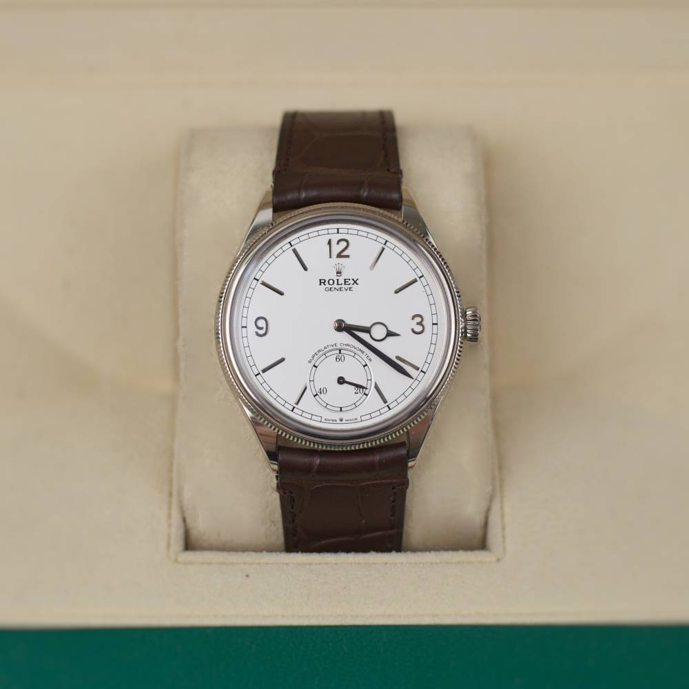 2024 Never Worn Rolex 1908 39mm - Ref: 52509-0006 - White Dial & 18K White Gold Case, Brown Alligator Leather Strap Watchvv