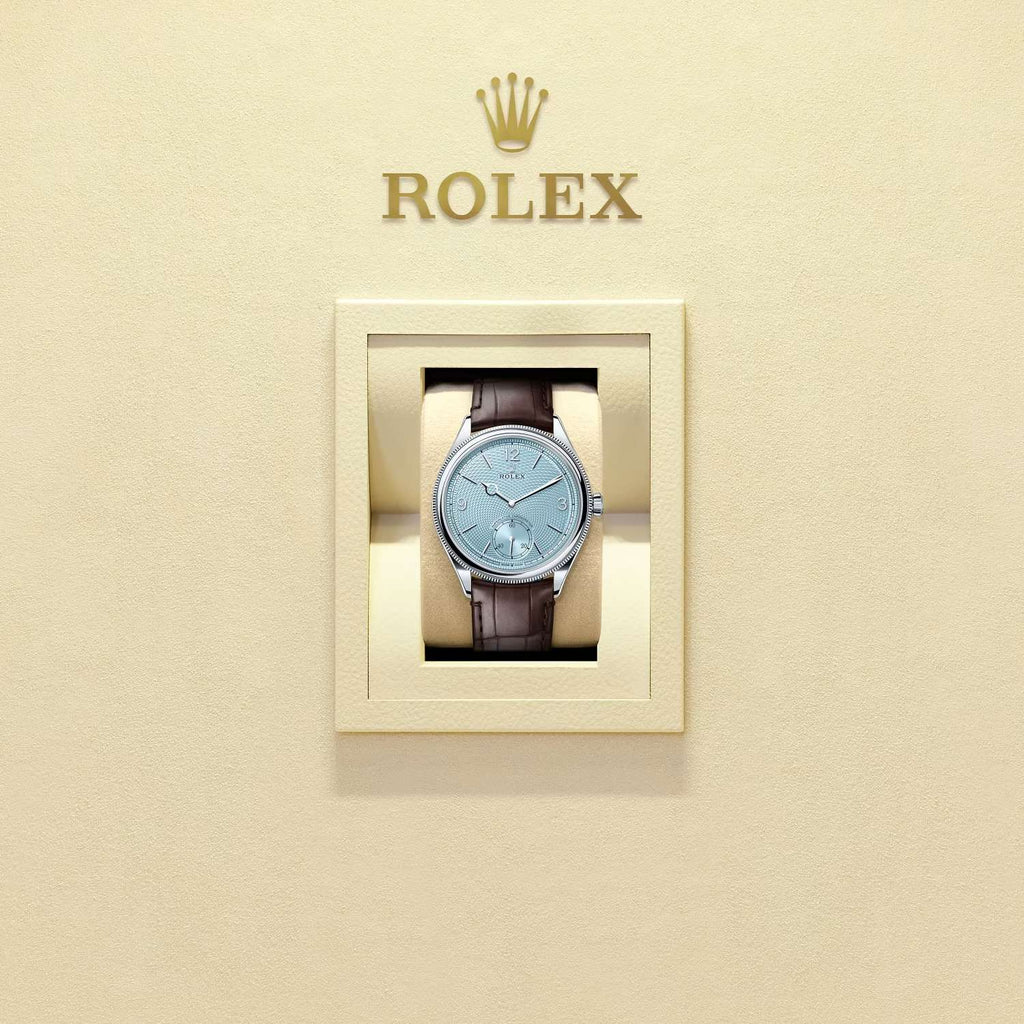 Rolex 1908 39 mm | Matt brown alligator leather strap | Ice blue motif dial Domed and fluted bezel | Platinum Case Men's Watch 52506-0002