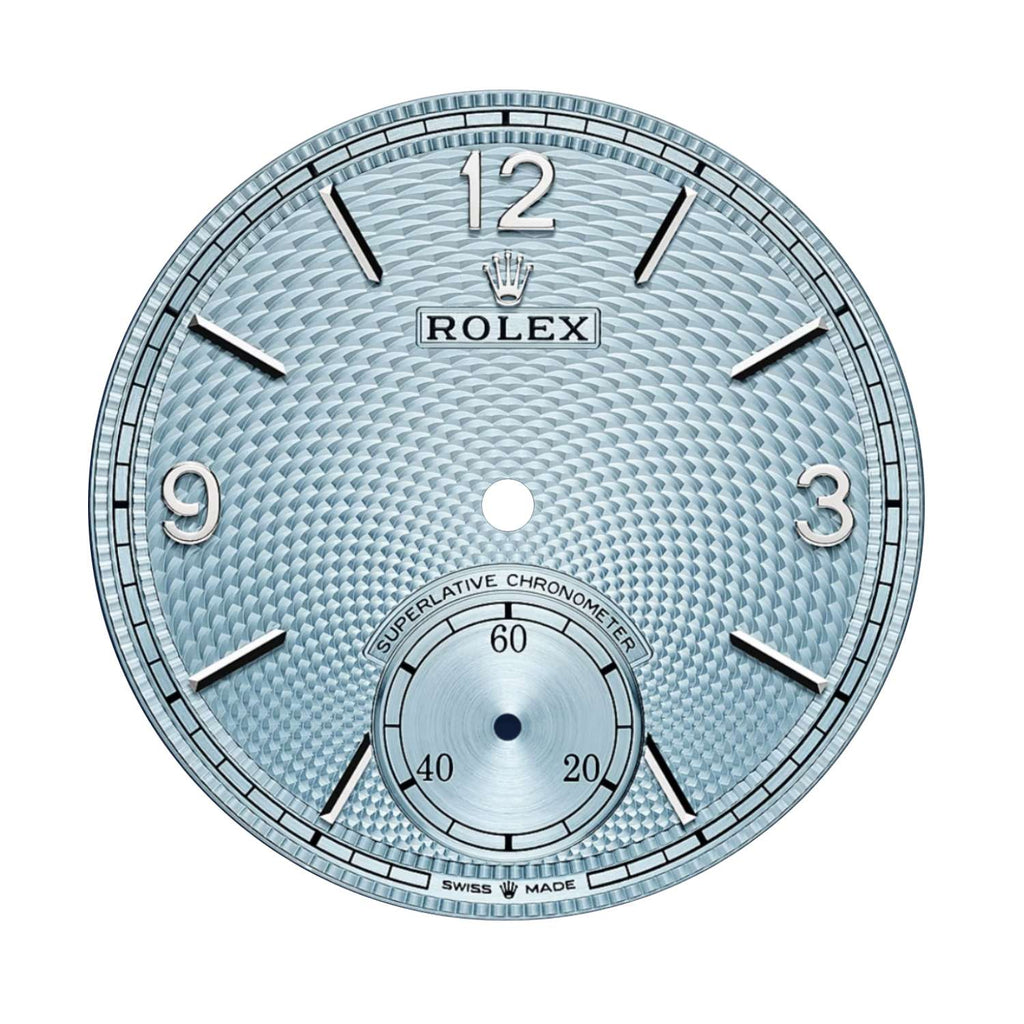 Rolex 1908 39 mm | Matt brown alligator leather strap | Ice blue motif dial Domed and fluted bezel | Platinum Case Men's Watch 52506-0002