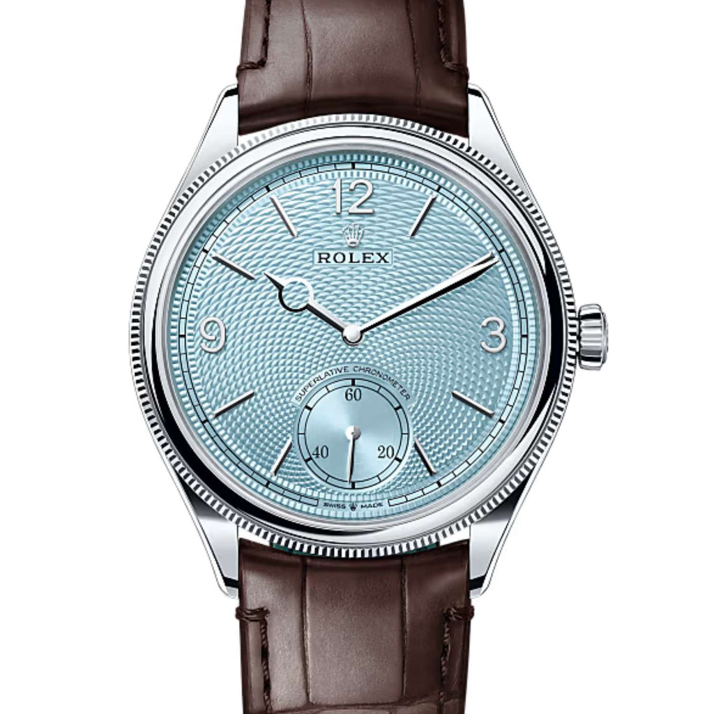 Rolex 1908 39 mm | Matt brown alligator leather strap | Ice blue motif dial Domed and fluted bezel | Platinum Case Men's Watch 52506-0002