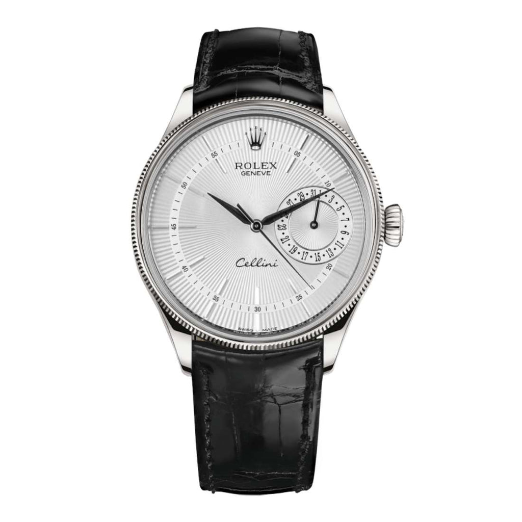 Rolex Cellini 39mm | Black Leather strap | Silver guilloche dial | 18k White Gold Case Unisex Watch 50519-0006