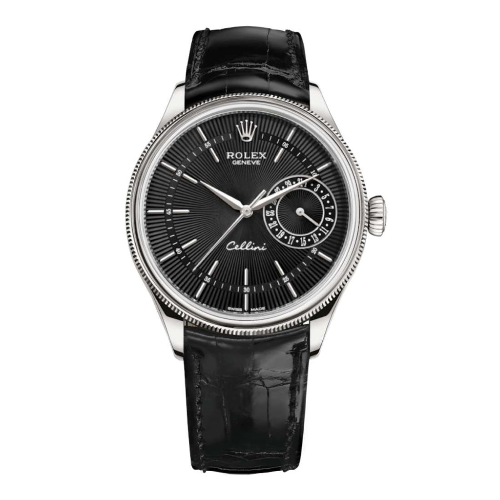 Rolex Cellini 39mm | Black Leather strap | Black guilloche dial | 18k White Gold Case Unisex Watch 50519-0007