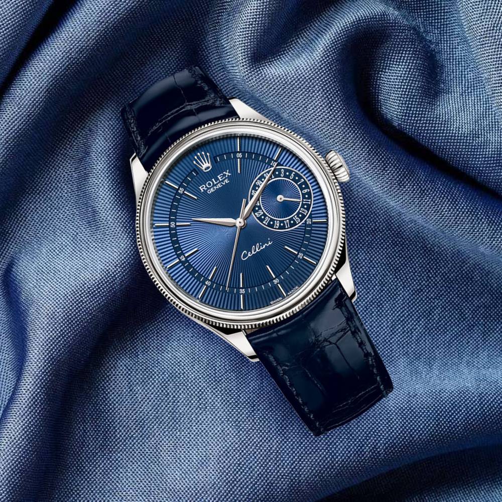 Rolex Cellini Date 39mm - Ref: 50519-0011 - Blue Guilloche Index Dial, Domed & Fluted Double Bezel, 18K White Gold & Blue Leather Strap Watch