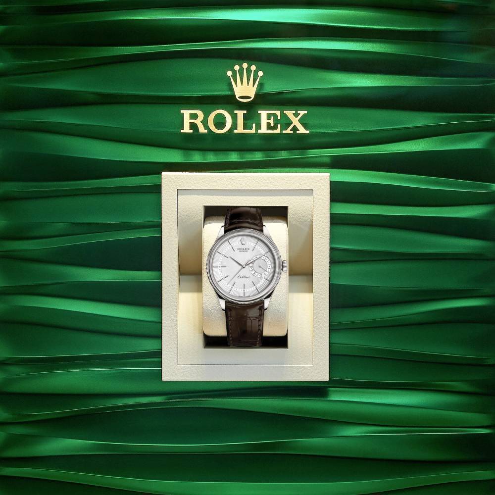 Rolex Cellini Date 39mm - Ref: 50519-0012 - Silver Guilloche Index Dial, Domed & Fluted Double Bezel, 18K White Gold & Tobacco Brown Leather Strap Watch