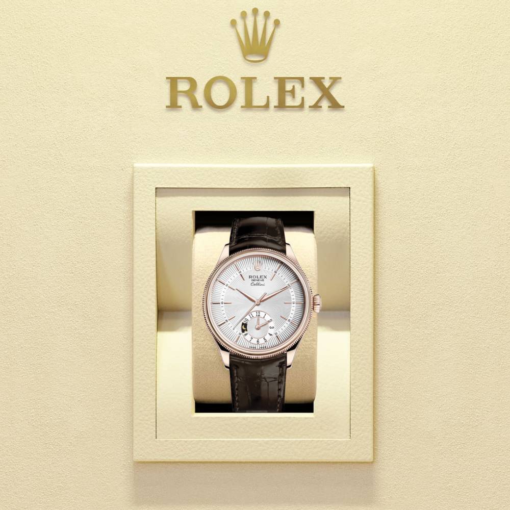 Rolex Cellini Dual Time 39mm - Ref: 50525-0008 - Silver Guilloche Index Dial, Domed & Fluted Double Bezel, 18K Rose Gold & Tobacco Brown Leather Strap Watch