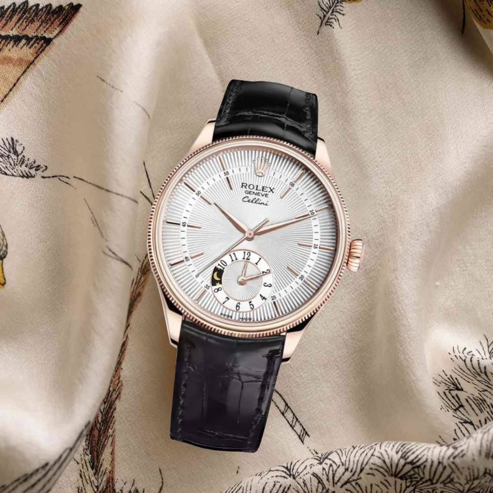 Rolex Cellini Dual Time 39mm - Ref: 50525-0009 - Silver Guilloche Index Dial, Domed & Fluted Double Bezel, 18K Rose Gold & Black Leather Strap Watch