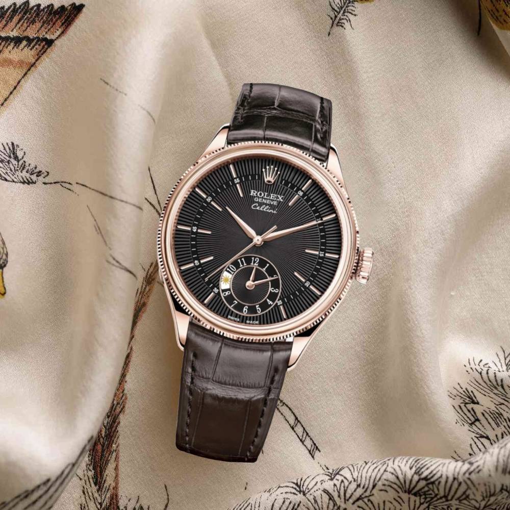 Rolex Cellini Dual Time 39mm - Ref: 50525-0010 - Black Guilloche Index Dial, Domed & Fluted Double Bezel, 18K Rose Gold & Tobacco Brown Leather Strap Watch