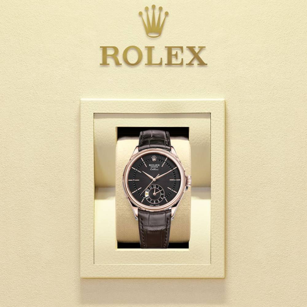 Rolex Cellini Dual Time 39mm - Ref: 50525-0010 - Black Guilloche Index Dial, Domed & Fluted Double Bezel, 18K Rose Gold & Tobacco Brown Leather Strap Watch