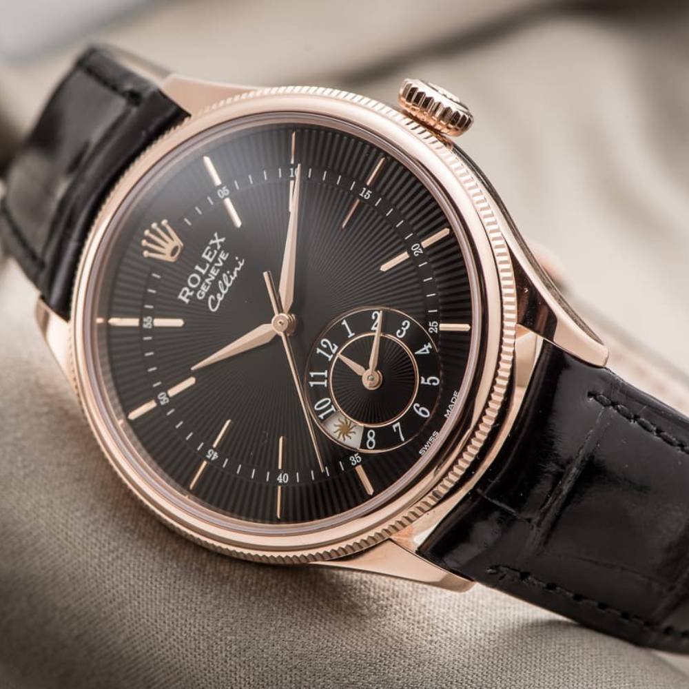 Rolex Cellini Dual Time 39mm - Ref: 50525-0011 - Black Guilloche Index Dial, Domed & Fluted Double Bezel, 18K Rose Gold & Black Leather Strap Watch