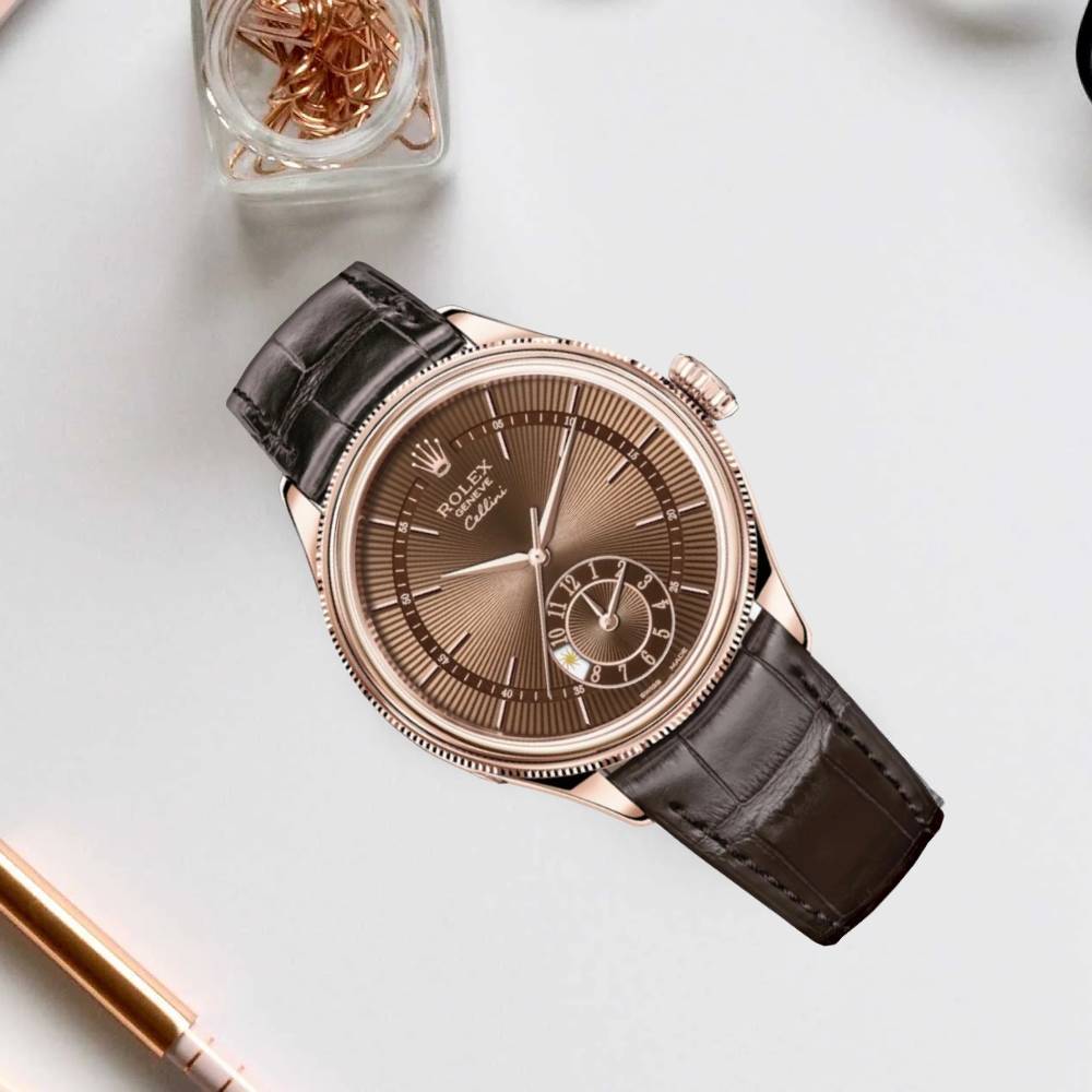 Rolex Cellini Dual Time 39mm - Ref: 50525-0015 - Brown Guilloche Index Dial, Domed & Fluted Double Bezel, 18K Rose Gold & Tobacco Brown Leather Strap Watch