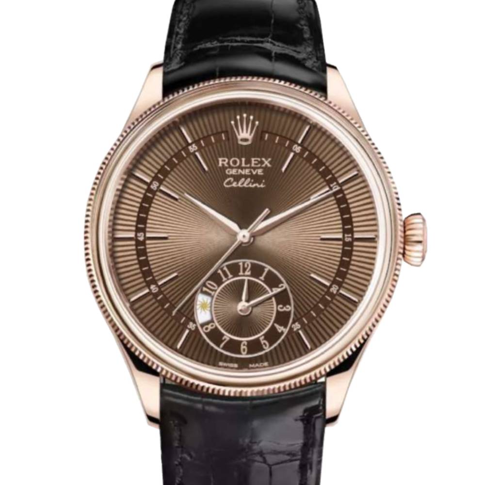 Rolex Cellini Dual Time 39mm - Ref: 50525-0016 - Brown Guilloche Index Dial, Domed & Fluted Double Bezel, 18K Rose Gold & Black Leather Strap Watch