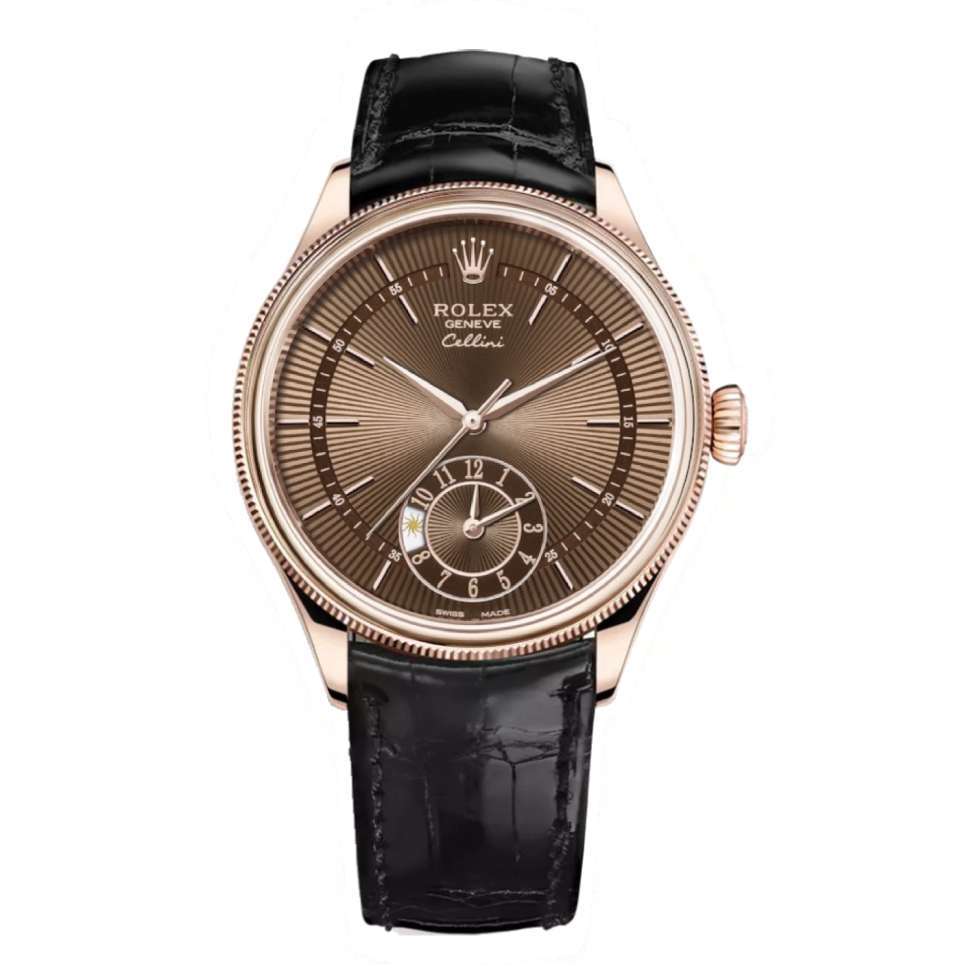 Rolex Cellini Dual Time 39mm | Black Leather strap | Brown guilloche dial | 18k Everose Gold Case Unisex Watch 50525-0016