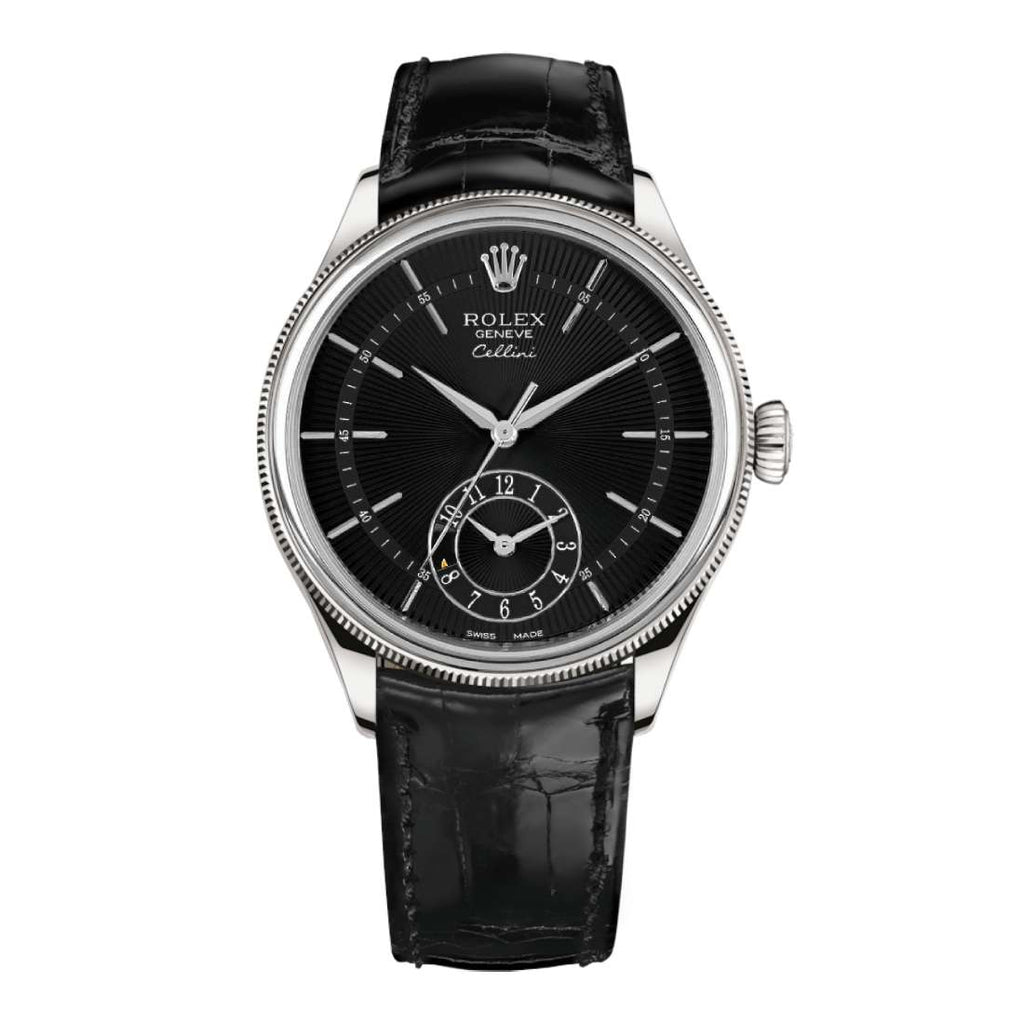 Rolex Cellini Dual Time 39mm | Black Leather strap | Black guilloche dial | 18k White Gold Case Unisex Watch 50529-0007