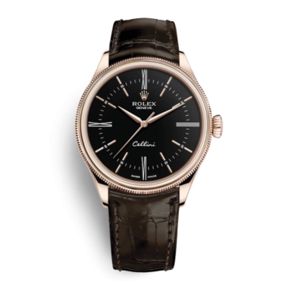 Rolex Cellini Time 39mm - Ref: 50505-0008 - Black Index & Roman Numeral Dial, Domed & Fluted Double Bezel, 18K Rose Gold & Tobacco Brown Leather Strap Watch